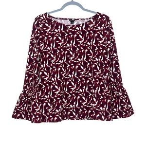 Ann Taylor Burgundy Leaf Floral Print Bell Sleeve Top Size Small